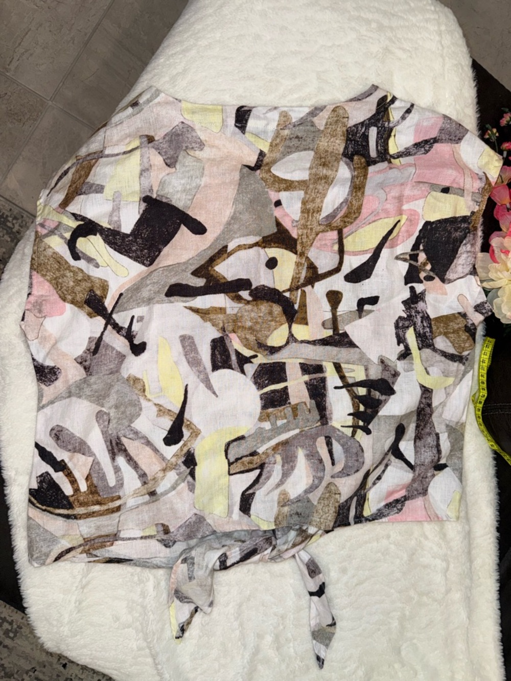 3 x 20$ Women’s Abstract Print Tie-Hem Top - White/Pink/Gray 100% Linen Size L - Picture 7 of 8